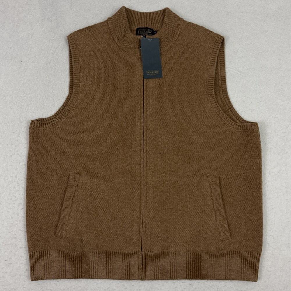 Pendleton Mens XL Shetland Wool‎ Collection Full Zip Sweater Vest Tan 100% Wool